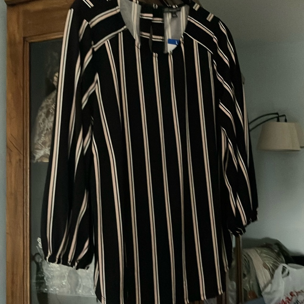 Black, White & Pinkish Beige Vertical Stripe Blouse